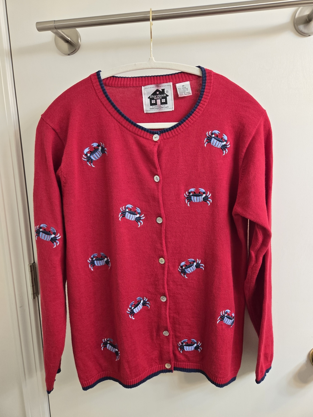 Storybook Knits Nautical Crab Embroidered Red Cardigan Sweater Size M Vintage